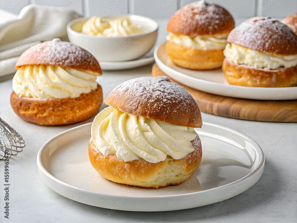 Delicious vanilla cream filled buns. Tasty food background Delicious vanilla cream filled buns. Tasty food background