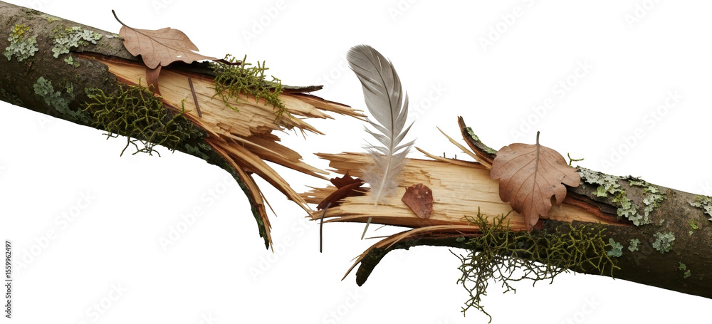 Fototapeta premium Broken tree branch with moss lichen leaves and feather wood forest nature transparent background