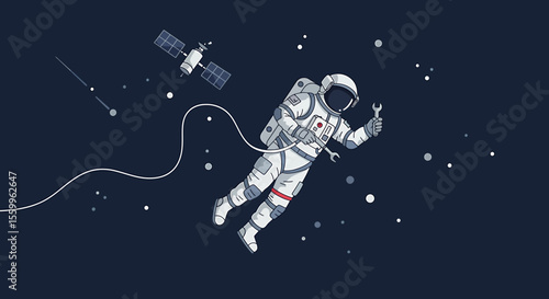 Astronaut Floating in Space with a Wrench, Repairing Satellite, Vector Illustration