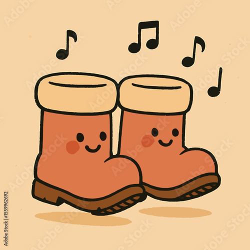 Animated pair of brown boots with smiling faces and musical notes above