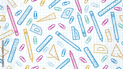 A seamless pattern of colorful school supplies on a grid background for educational designs and projects