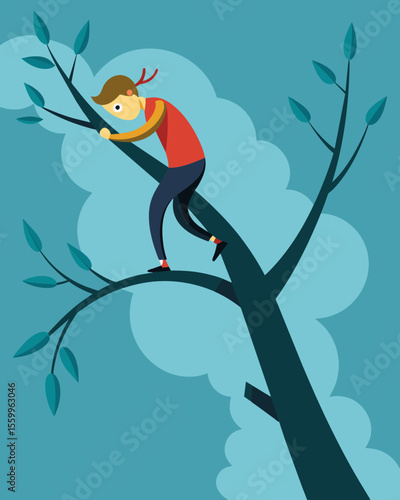 A figure clutching onto a thin tree branch desperately trying to stay afloat as they are overcome by a tidal wave of stress.. Vector illustration