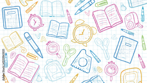 Illustration of school supplies scattered on a grid background with colorful hand drawn style elements