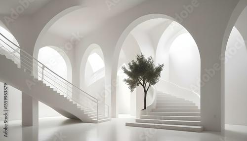 All-white architectural interior with tree and curved staircase.