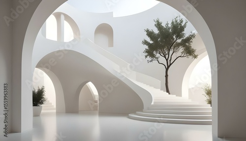 Minimalist white interior with arches, stairs, and a tree bathed in natural light.
