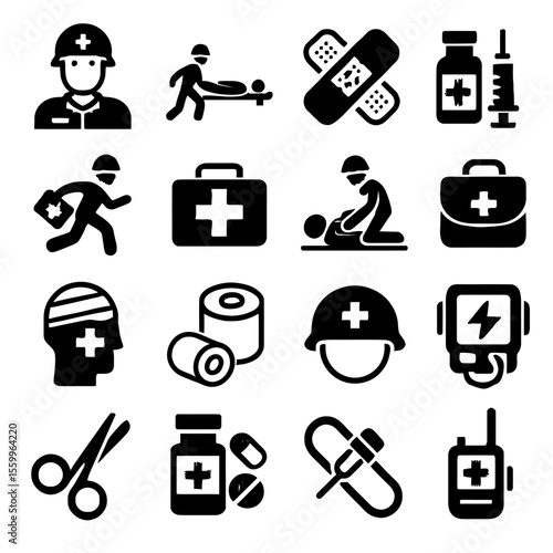 Collection of Sixteen Black Medical Emergency Icons