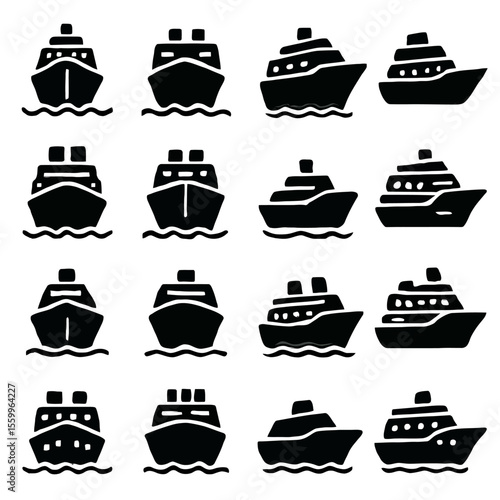 Collection of Sixteen Black Silhouette Ship Icons