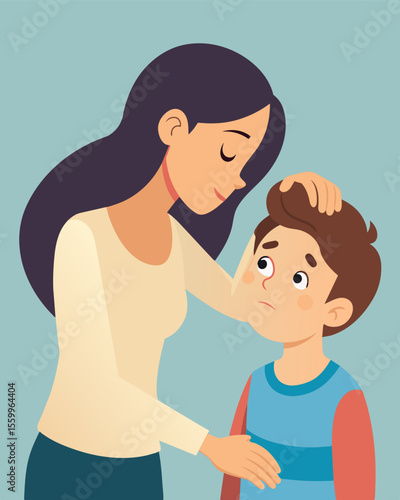 A mother gently smooths her childs forehead only to notice the telltale fissures etched into the young face from too much pressure.. Vector illustration