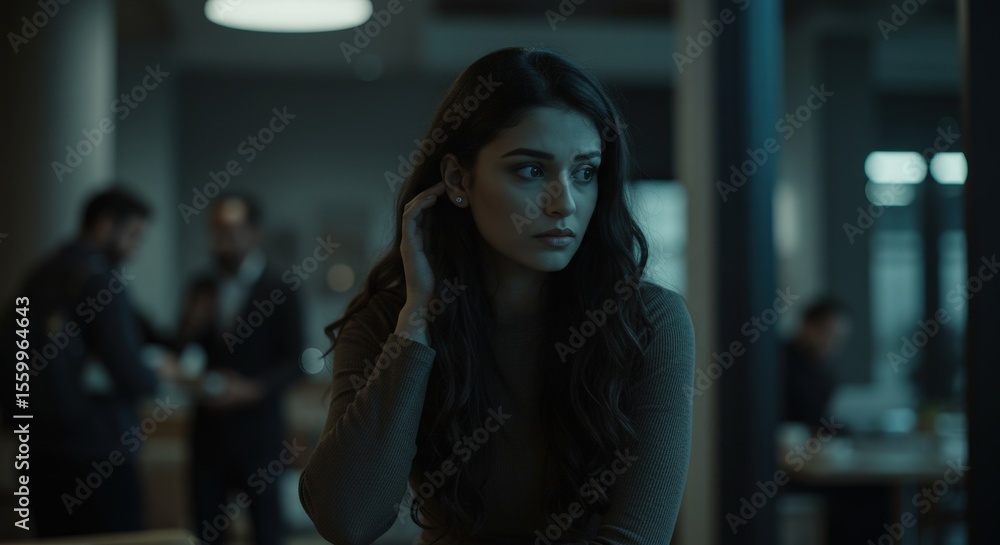 Pensive young woman with a thoughtful and lonely expression in a modern dark office at night Pensive young woman with a thoughtful and lonely expression in a modern dark office at night