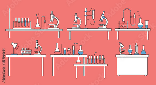 Colorful Laboratory Equipment Set on Multiple Workbenches