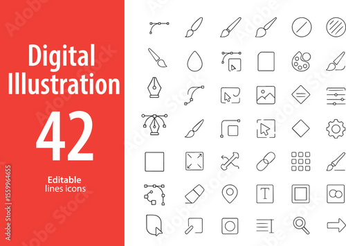 Digital Illustration Line Icons, Drawing Tablet, Stylus, Layers, Vector Tool, Color Picker, Artboard, and More , Editable Formats: AI, EPS, JPG, PNG , Ideal for Both Digital and Print Use