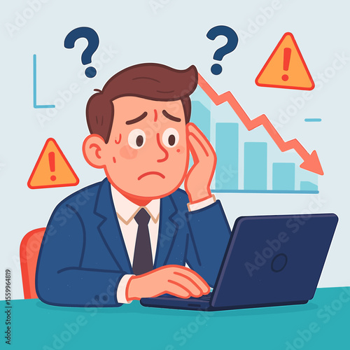 Concerned businessman with falling graph and question marks, facing financial crisis