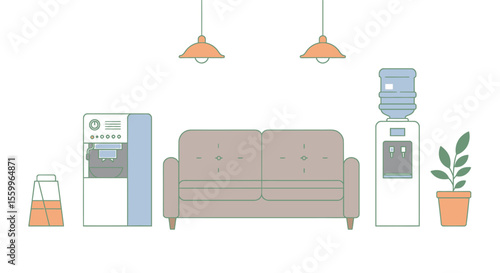 Cozy Office Break Room with Coffee Maker, Sofa, and Water Dispenser