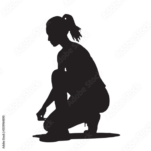 Black Silhouette Vector of Woman Tying Shoelaces Before Jogging in Fitness Preparation Scene on White Background Full HD