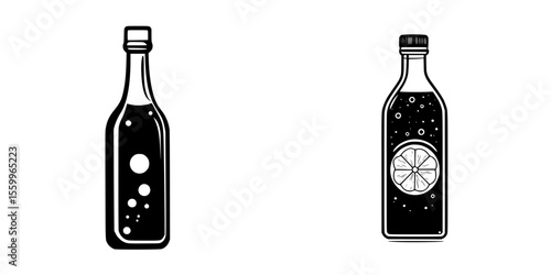 Silhouette pictograms representing bottles with liquid and fruit designs suitable for various uses