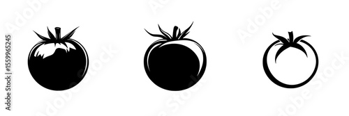 Silhouette pictogram icons of tomatoes in various shapes and styles representing freshness and healthy eating