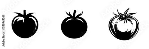 Silhouette pictograms of tomatoes in three distinct styles showcasing the versatility of this popular fruit