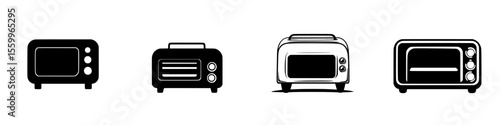 Various silhouettes of kitchen appliances showcase microwaves and toasters for design or cooking concepts