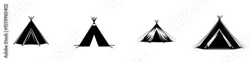 Silhouette pictograms of various tent designs representing camping and outdoor activities for creative projects and presentations