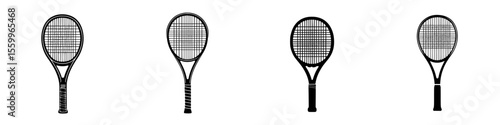 Silhouette pictograms of tennis rackets in various styles used for sports and recreational activities in a minimalist design