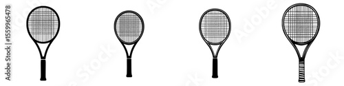 Silhouette pictogram set of tennis rackets illustrating different angles and designs for sports and fitness concepts