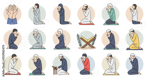 Diverse Individuals in Prayer, Depicting Islamic Rituals and Devotion.
