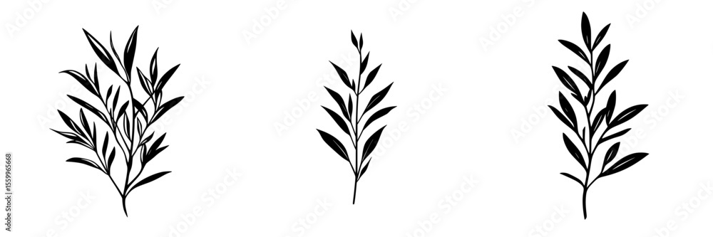 Fototapeta premium Silhouette pictogram collection featuring various leaf designs in a minimalist style for decorative and educational uses