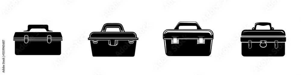 Silhouette pictogram of various toolboxes in isolated vector icons set showcasing different designs and shapes Silhouette pictogram of various toolboxes in isolated vector icons set showcasing different designs and shapes