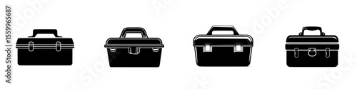 Silhouette pictogram of various toolboxes in isolated vector icons set showcasing different designs and shapes