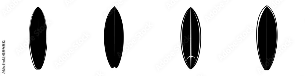 Silhouette pictogram set of various surfboard designs isolated on white background for graphics and illustrations Silhouette pictogram set of various surfboard designs isolated on white background for graphics and illustrations