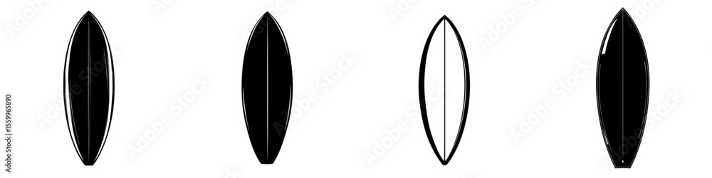 Silhouette pictograms depicting surfboards and their various shapes isolated on a clean backdrop Silhouette pictograms depicting surfboards and their various shapes isolated on a clean backdrop