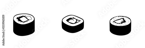 Collection of black silhouette pictograms depicting various sushi types suitable for culinary and restaurant design