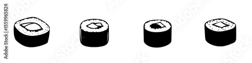 Sushi silhouettes depicting diverse fillings in a minimalist vector design suitable for culinary themes