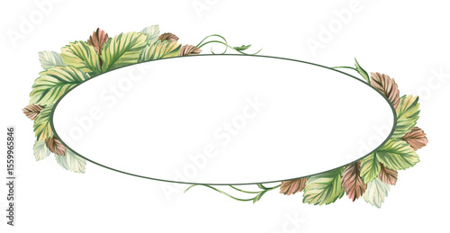 Oval frame with watercolor strawberry or mint leaves. Hand drawn