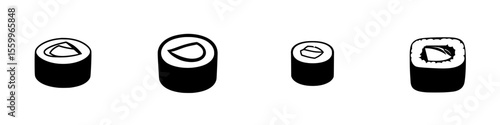 Collection of silhouette pictograms representing various sushi types, showcasing distinct ingredients and shapes in a graphic style