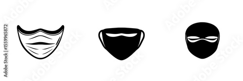 Silhouette pictograms of different facial coverings in a minimalist design setting showcasing mask variations and styles