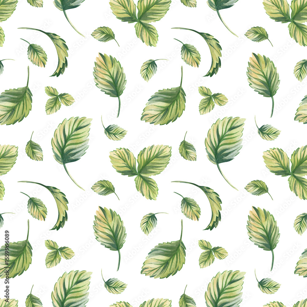 Fototapeta premium Watercolor strawberry leaves on white background. Seamless pattern