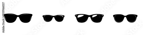 Illustrative set of silhouette pictograms featuring various styles of sunglasses displayed in a row