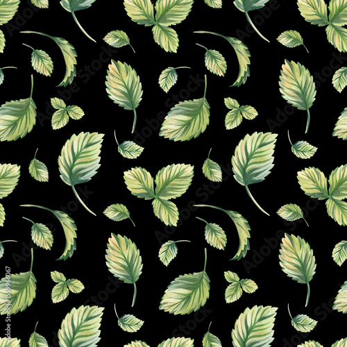 Watercolor strawberry leaves on black background. Seamless pattern