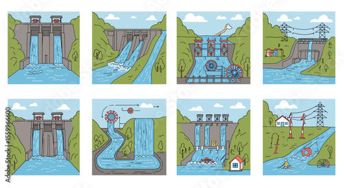 Hydroelectric Dam Illustrations: Diverse Designs and Power Generation