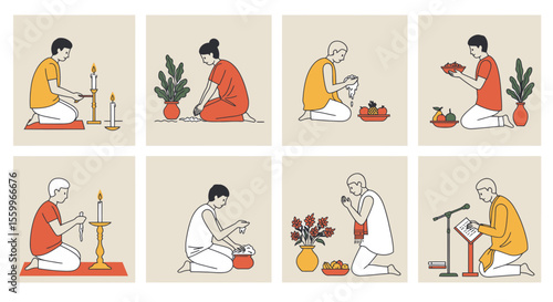 Illustrated figures performing religious rituals with candles, plants, fruit, and prayers