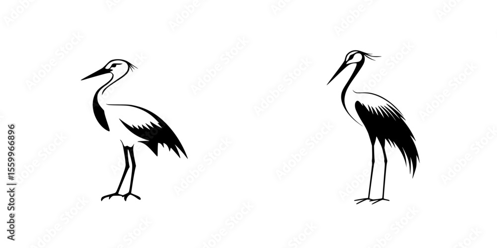 Fototapeta premium Silhouette pictograms of herons in a minimalist style showcasing graceful posture and elegant design elements in black and white