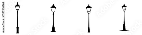 Silhouette pictogram set featuring various street lamp designs suitable for urban illustrations or graphic applications