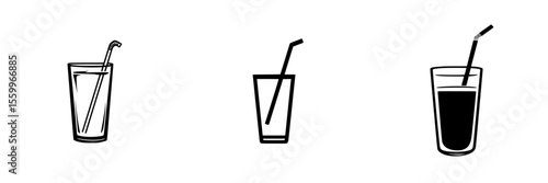 Silhouette pictogram icons of drinks with straws depicting various beverage styles and serving methods