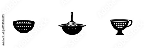 Set of silhouette pictograms depicting various kitchen colanders and bowls for culinary uses and food preparation activities