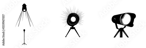 Silhouette pictograms of lighting equipment featuring spotlights and a microphone, ideal for design and presentation use