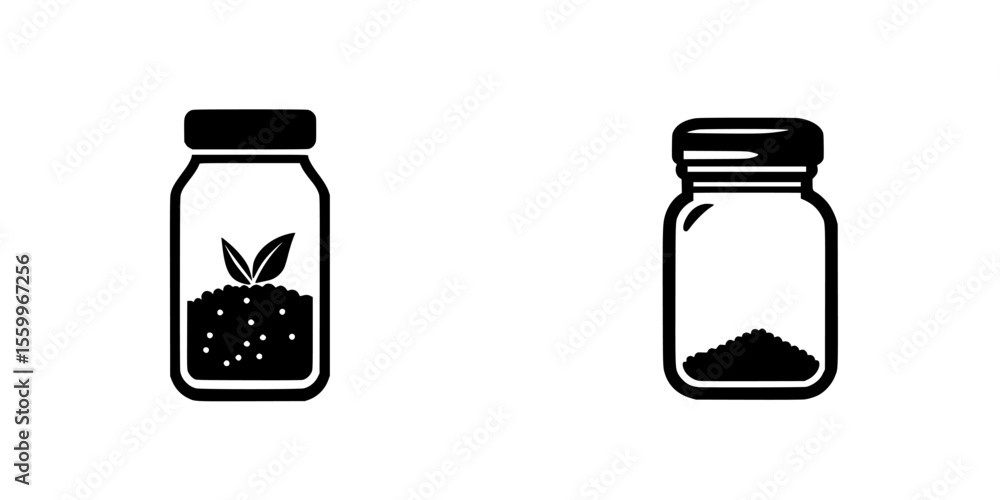 Silhouette pictogram icons depicting a jar with a plant and a jar containing soil for gardening and agricultural use Silhouette pictogram icons depicting a jar with a plant and a jar containing soil for gardening and agricultural use