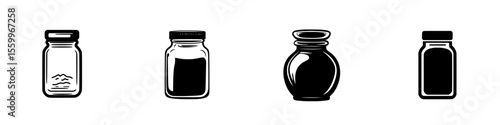 Variety of silhouette pictograms depicting jars and containers for various substances or materials