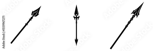Silhouette pictogram collection of various spear designs isolated on a white background for visual representation of weaponry
