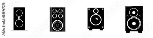 Silhouette pictogram icons of various speaker designs representing audio equipment in a minimalist style for graphic use
